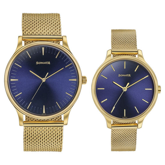 Sonata Modern Bandhan Quartz Analog Blue Dial Stainless Steel Strap Watch for Couple image 1