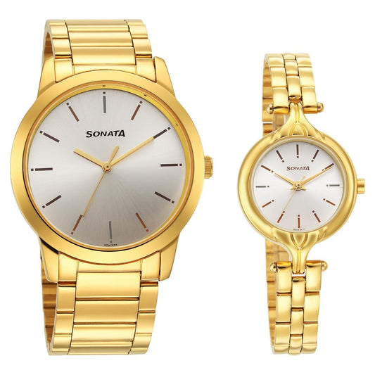Sonata Quartz Analog Silver Dial Stainless Steel Strap Watch for Couple Style NU7712587040YM01 image 1