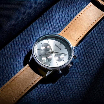 Sonata Quartz Multifunction Silver Dial Brown Leather Strap Watch For Men image 1