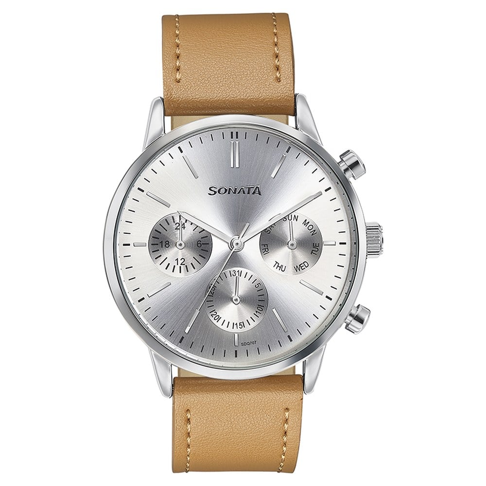 Sonata Quartz Multifunction Silver Dial Brown Leather Strap Watch For Men image 2