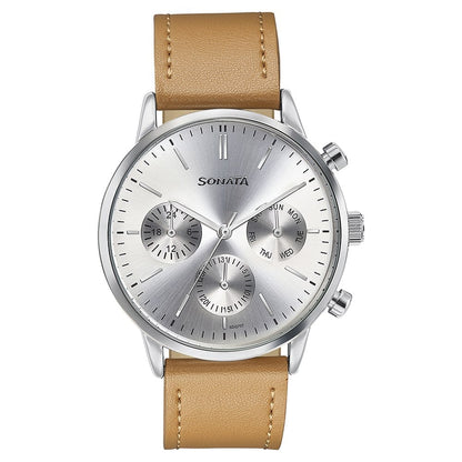 Sonata Quartz Multifunction Silver Dial Brown Leather Strap Watch For Men image 2