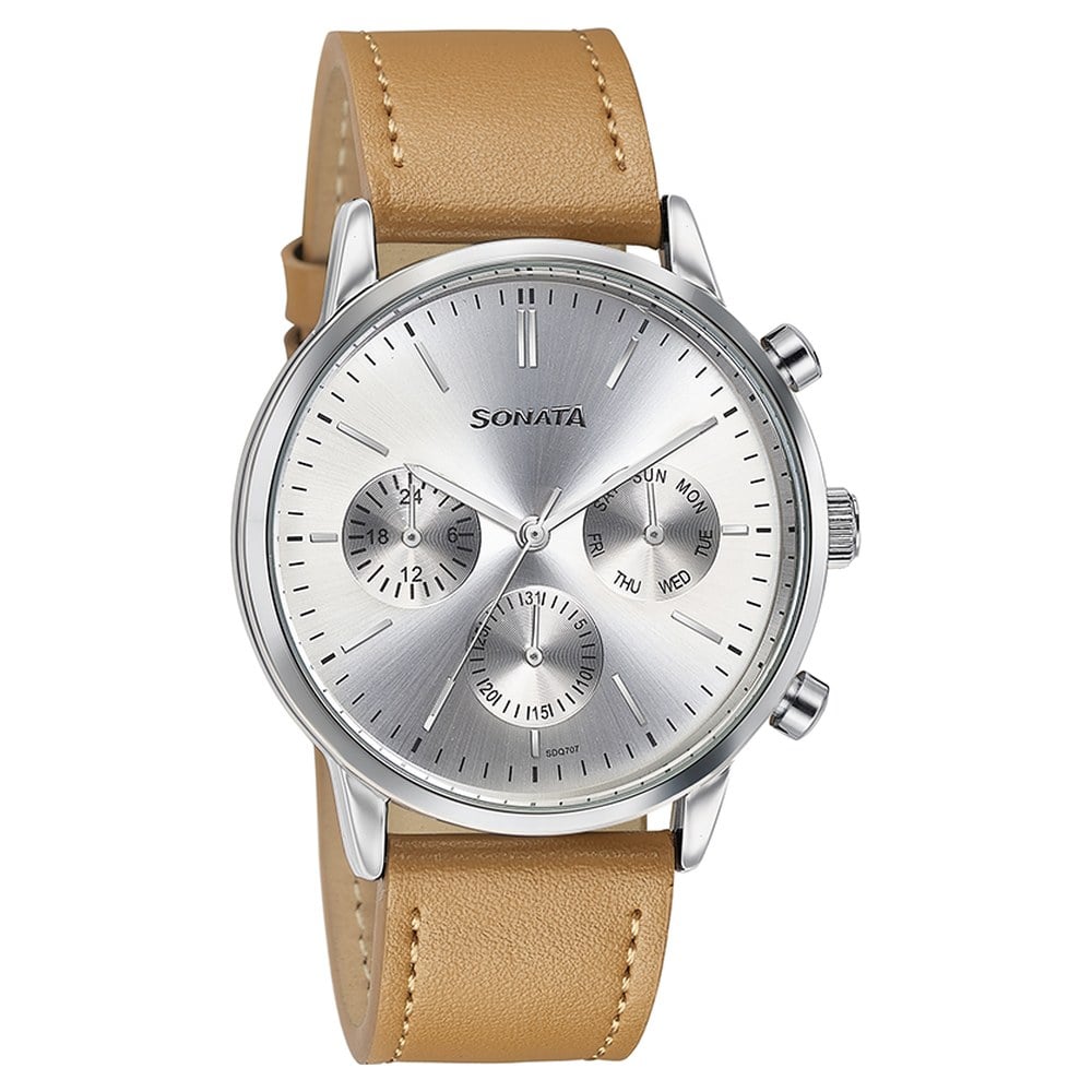 Sonata Quartz Multifunction Silver Dial Brown Leather Strap Watch For Men image 3