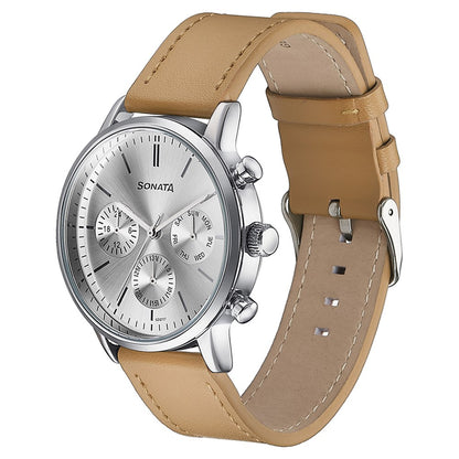 Sonata Quartz Multifunction Silver Dial Brown Leather Strap Watch For Men image 4