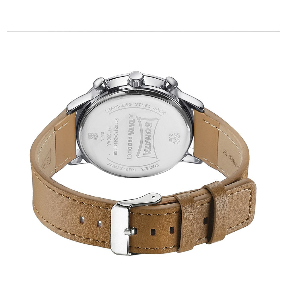 Sonata Quartz Multifunction Silver Dial Brown Leather Strap Watch For Men image 6
