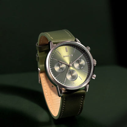 Sonata Quartz Multifunction Green Dial Green Leather Strap Watch For Men image 1