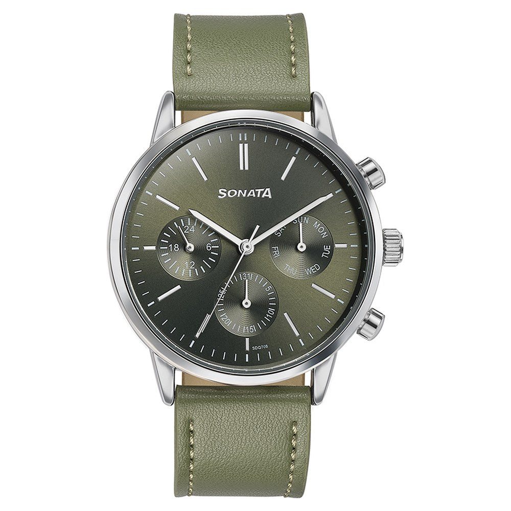 Sonata Quartz Multifunction Green Dial Green Leather Strap Watch For Men image 2