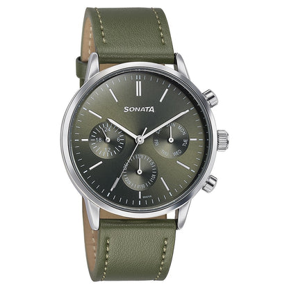 Sonata Quartz Multifunction Green Dial Green Leather Strap Watch For Men image 3