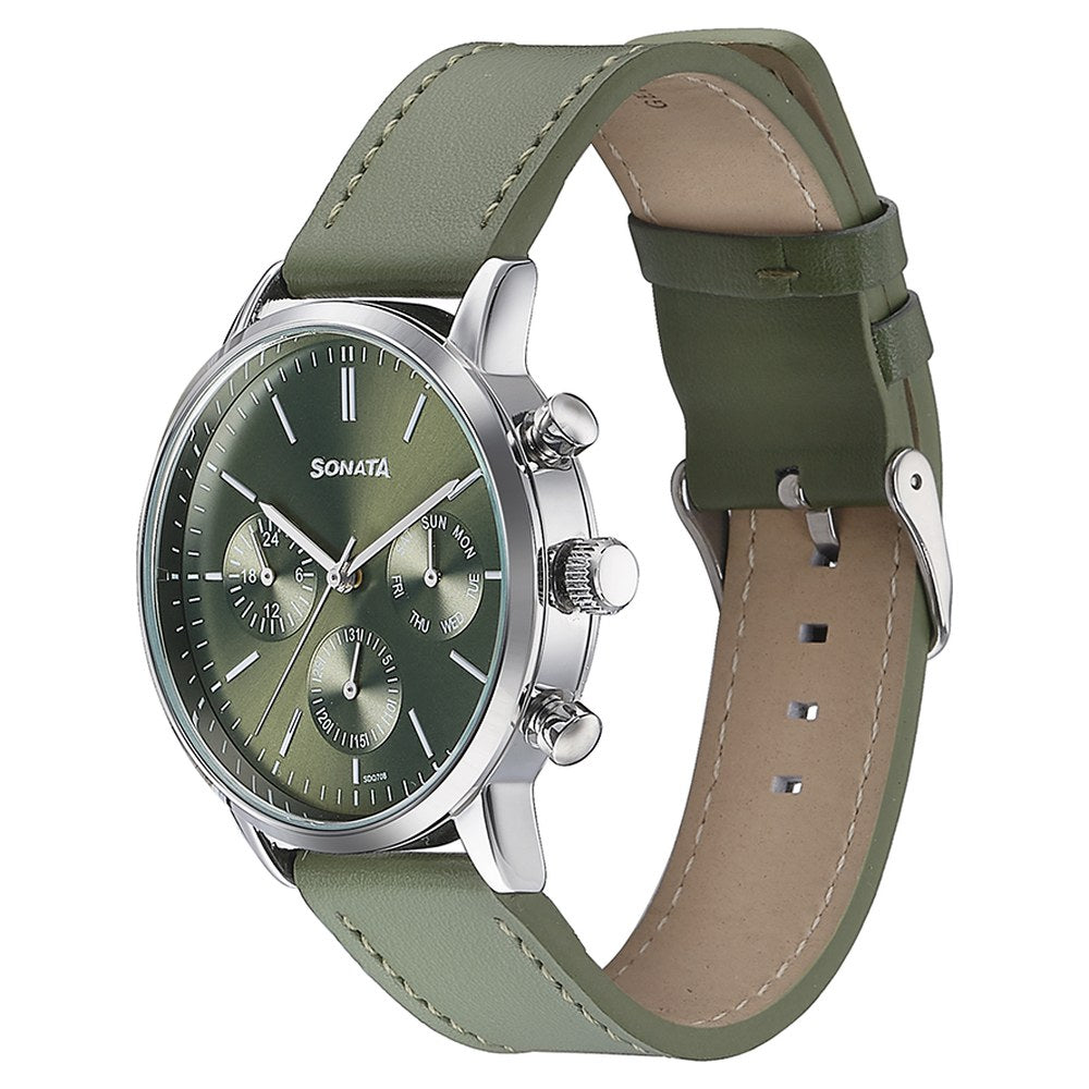 Sonata Quartz Multifunction Green Dial Green Leather Strap Watch For Men image 4