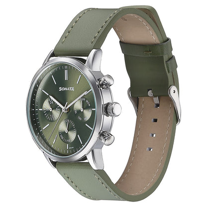 Sonata Quartz Multifunction Green Dial Green Leather Strap Watch For Men image 4