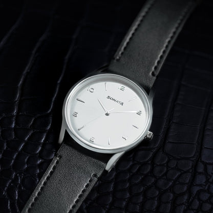 Sonata Quartz Analog Silver Dial Black Leather Strap Watch For Men image 1