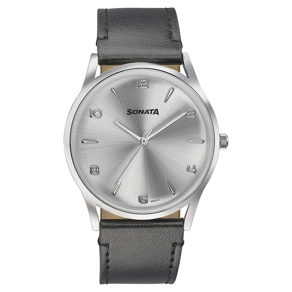 Sonata Quartz Analog Silver Dial Black Leather Strap Watch For Men image 2