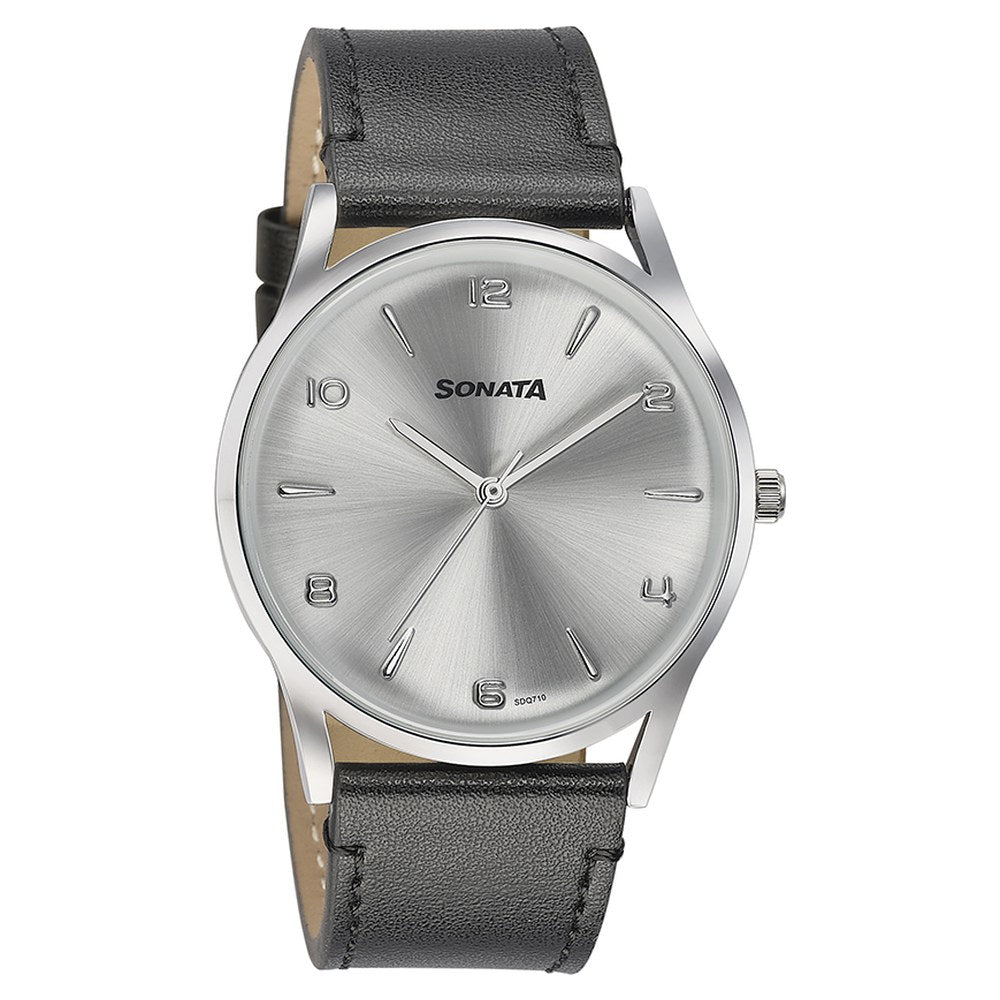 Sonata Quartz Analog Silver Dial Black Leather Strap Watch For Men image 3