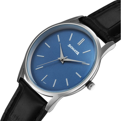 Sonata Eternia Quartz Analog Blue Dial Leather Strap Watch For Men image 3
