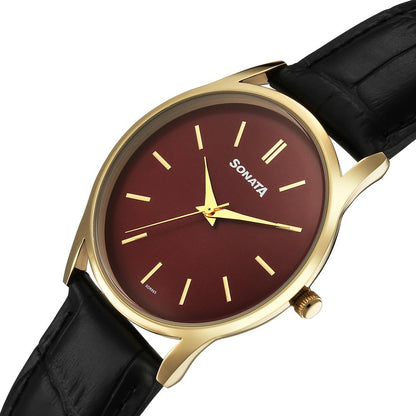 Sonata Eternia Quartz Analog Maroon Dial Leather Strap Watch For Men image 3