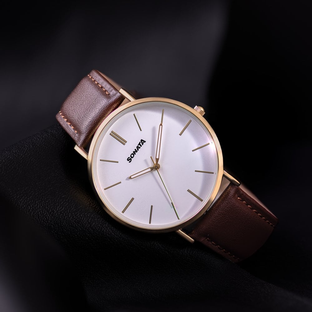 Sonata Quartz Analog White Dial Brown Leather Strap Watch For Men image 1
