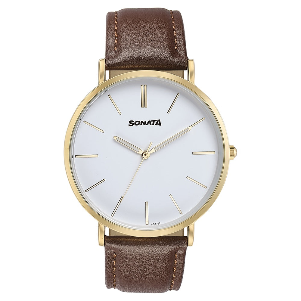 Sonata Quartz Analog White Dial Brown Leather Strap Watch For Men image 2