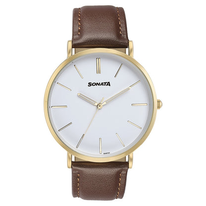 Sonata Quartz Analog White Dial Brown Leather Strap Watch For Men image 2