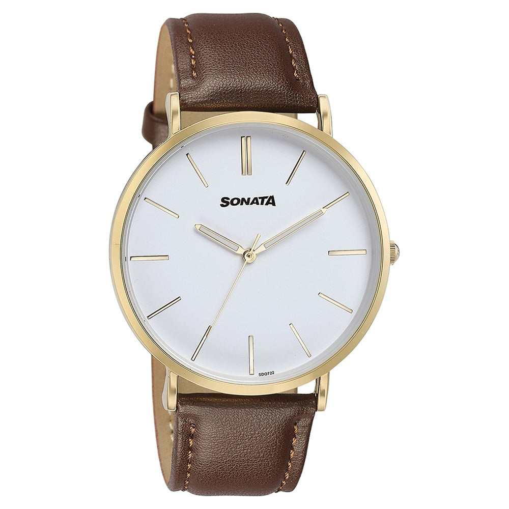Sonata Quartz Analog White Dial Brown Leather Strap Watch For Men image 3