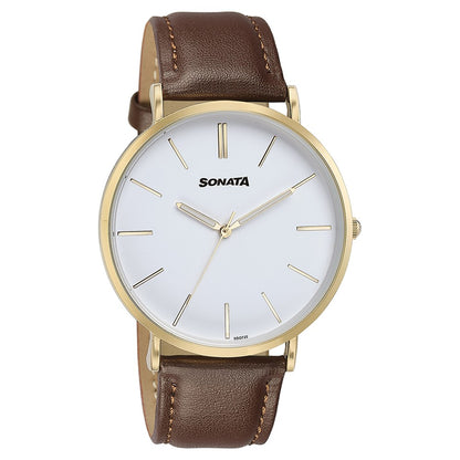 Sonata Quartz Analog White Dial Brown Leather Strap Watch For Men image 3