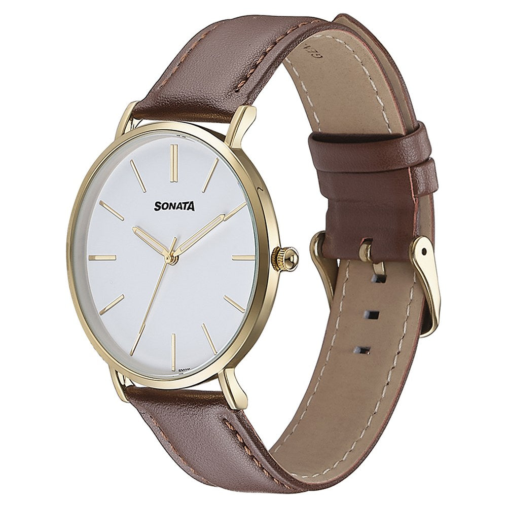 Sonata Quartz Analog White Dial Brown Leather Strap Watch For Men image 4