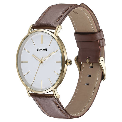 Sonata Quartz Analog White Dial Brown Leather Strap Watch For Men image 4
