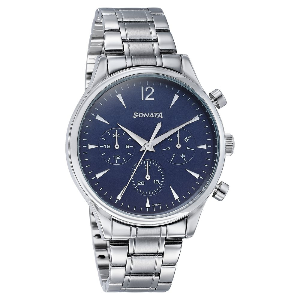 Sonata Wedding Edit Quartz Multifunction Blue Dial Stainless Steel Strap Watch For Men Style NU77146SM02 image 3