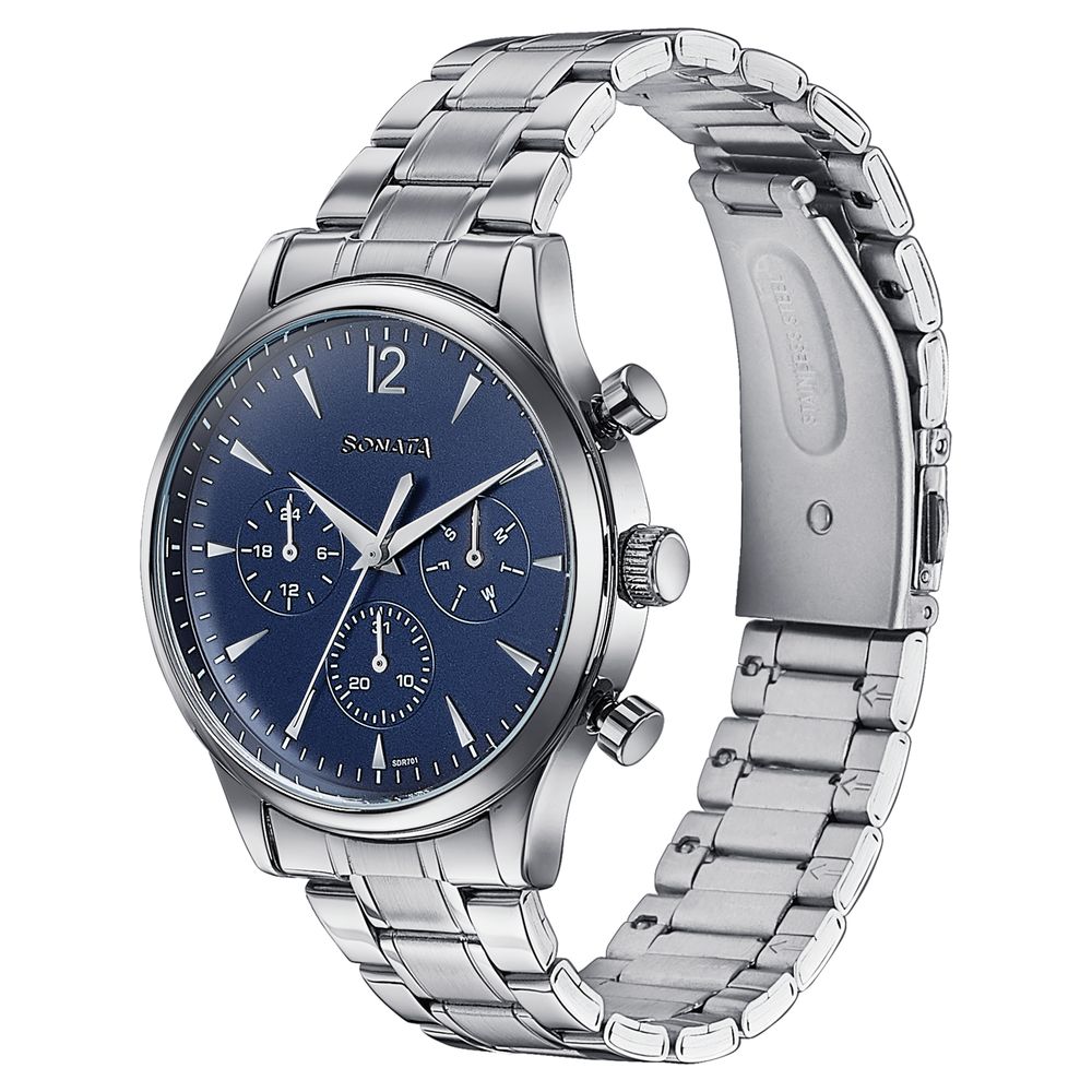 Sonata Wedding Edit Quartz Multifunction Blue Dial Stainless Steel Strap Watch For Men Style NU77146SM02 image 4