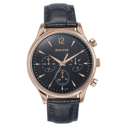 Sonata Wedding Edit Quartz Multifunction Black Dial Leather Strap Watch For Men image 2