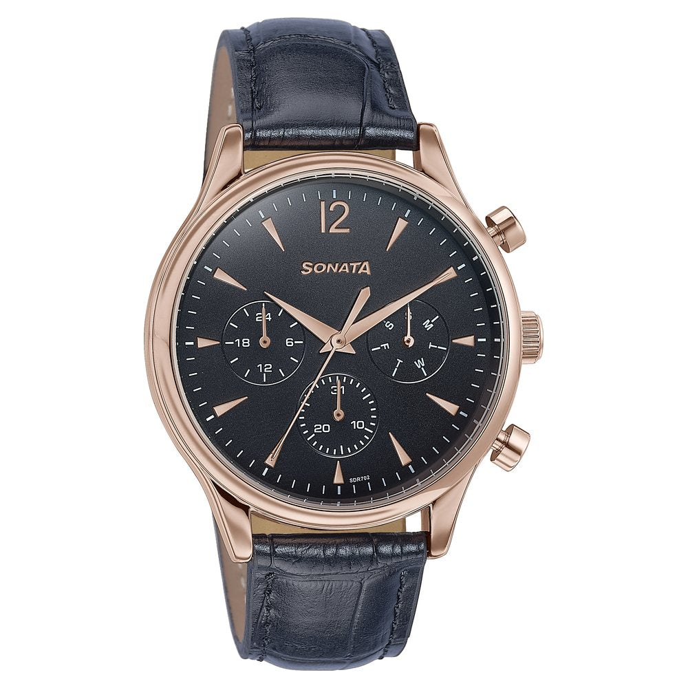 Sonata Wedding Edit Quartz Multifunction Black Dial Leather Strap Watch For Men image 3