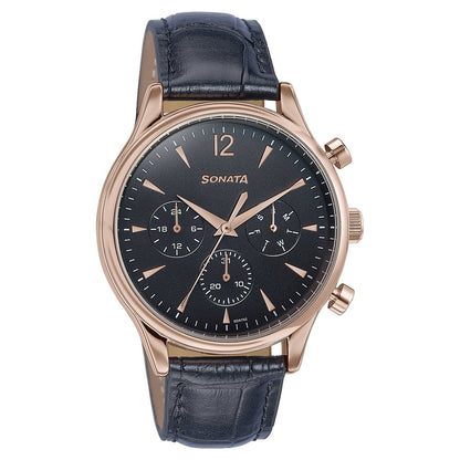 Sonata Wedding Edit Quartz Multifunction Black Dial Leather Strap Watch For Men image 3