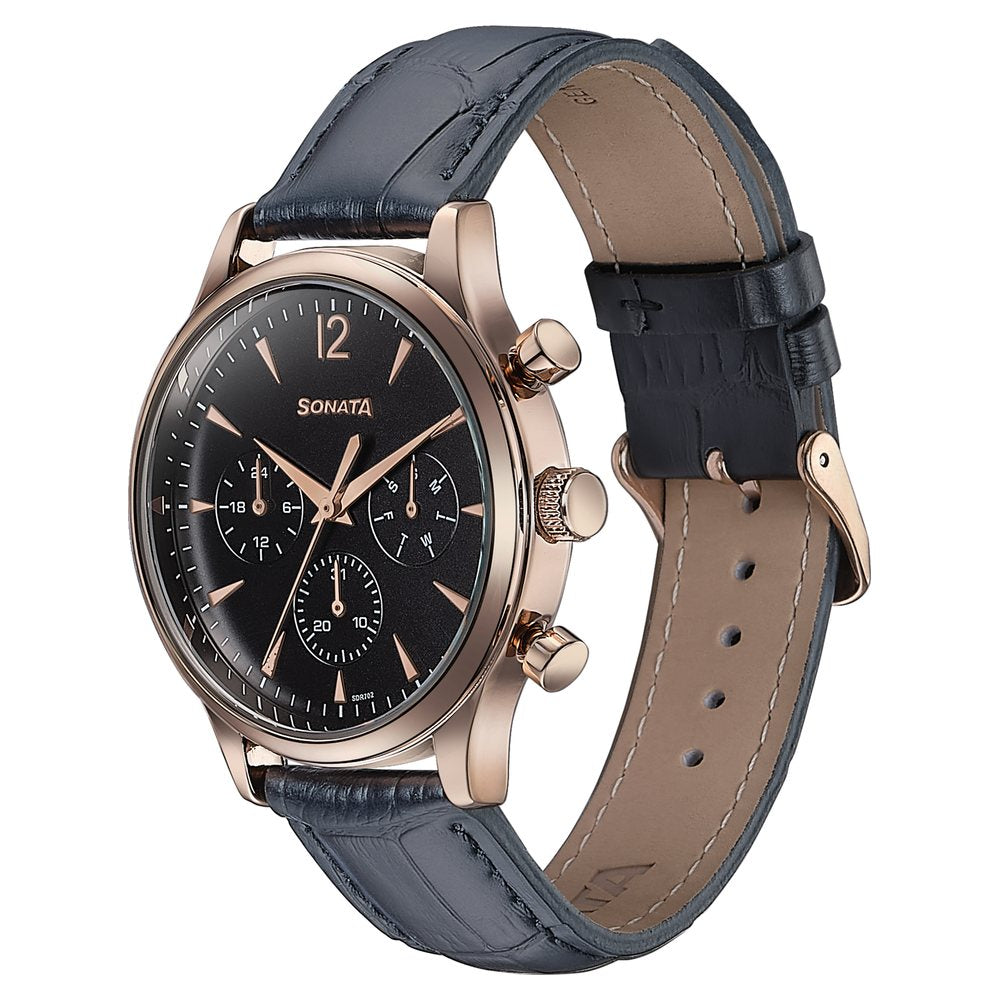 Sonata Wedding Edit Quartz Multifunction Black Dial Leather Strap Watch For Men image 4