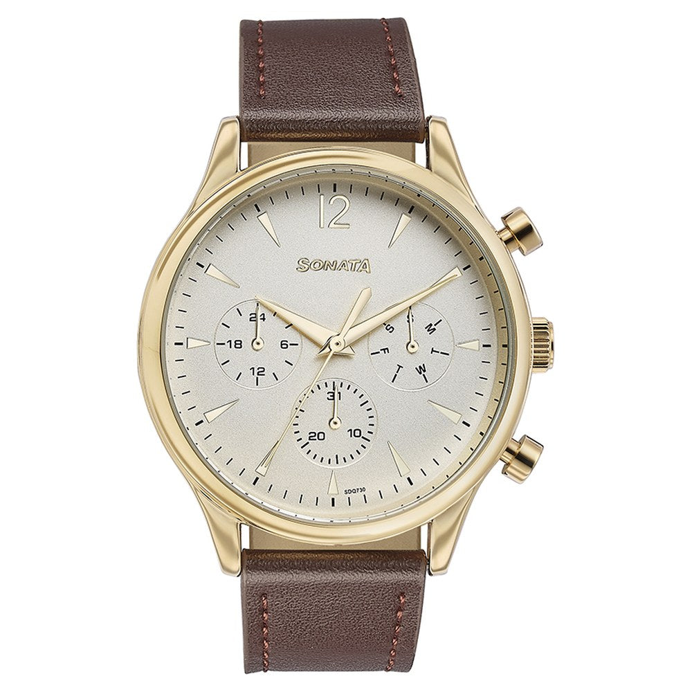 Sonata Quartz Multifunction Golden Dial Brown Leather Strap Watch For Men image 2