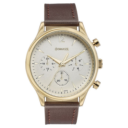 Sonata Quartz Multifunction Golden Dial Brown Leather Strap Watch For Men image 2