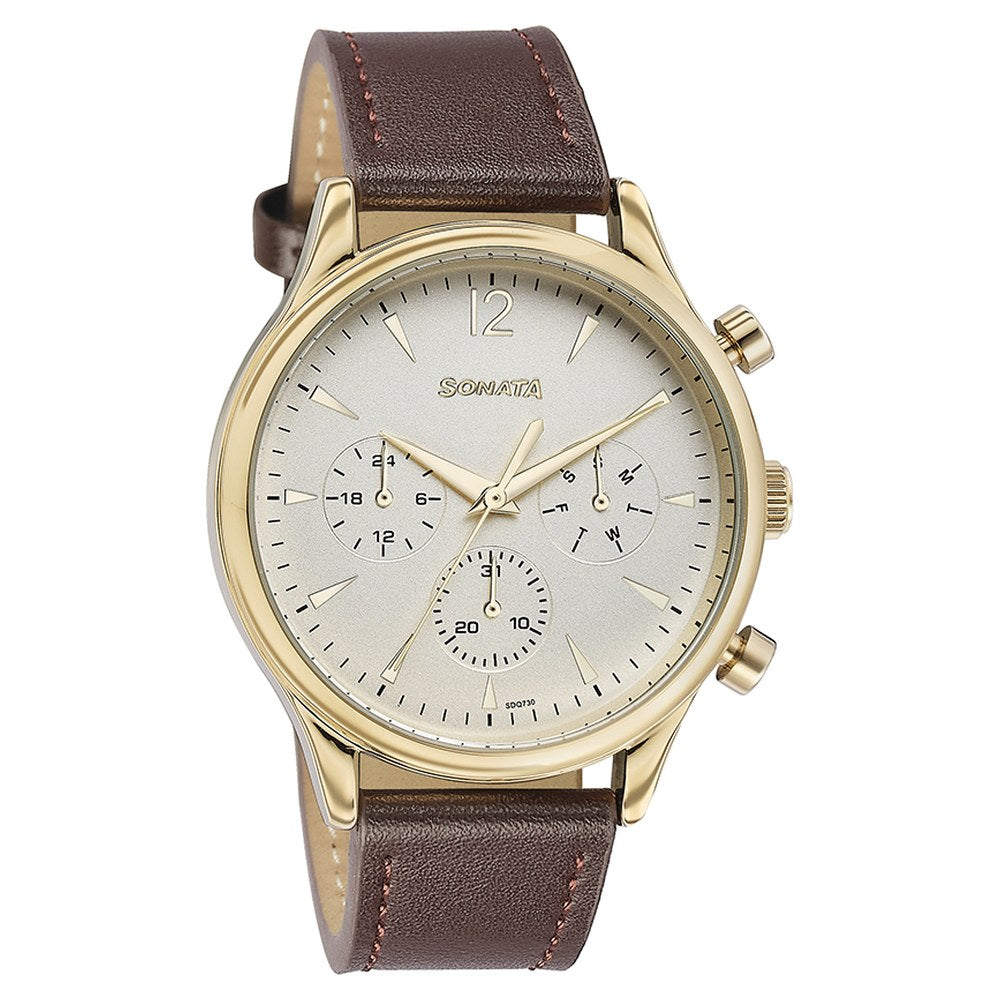 Sonata Quartz Multifunction Golden Dial Brown Leather Strap Watch For Men image 3