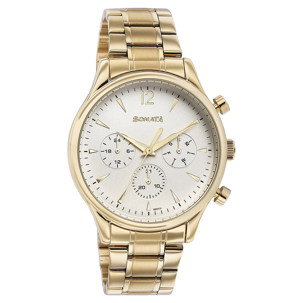 Sonata Quartz Multifunction White Dial Golden Stainless Steel Strap Watch For Men image 3