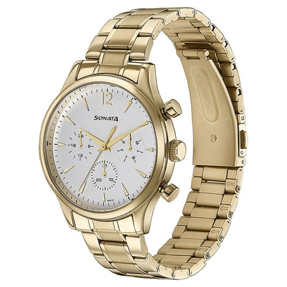 Sonata Quartz Multifunction White Dial Golden Stainless Steel Strap Watch For Men image 4