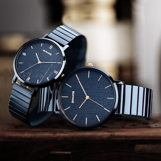 Sonata Soulmate Quartz Analog Blue Dial Blue Stainless Steel Strap Watch For Couple image 1