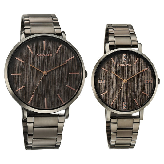 Sonata Soulmate Quartz Analog Grey Dial Grey Stainless Steel Strap Watch For Couple image 1