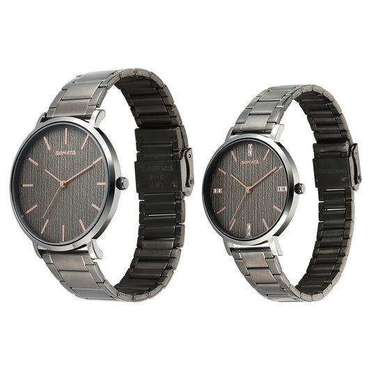 Sonata Soulmate Quartz Analog Grey Dial Grey Stainless Steel Strap Watch For Couple image 2