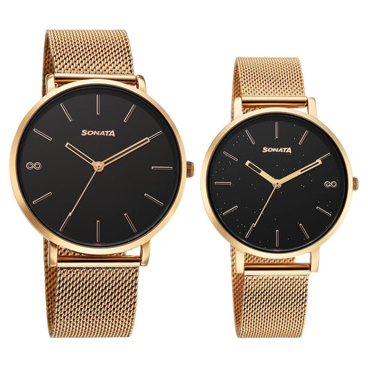 Sonata Soulmate Quartz Analog Black Dial Stainless Steel Strap Watch For Couple image 1