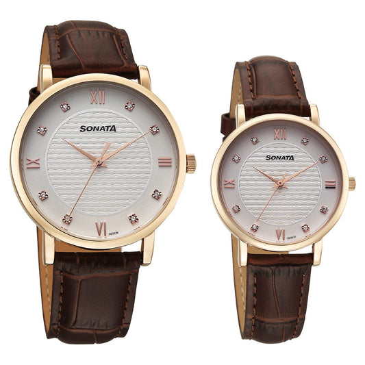 Sonata Perfect Pairs Quartz Analog White Dial Brown Leather Strap Watch For Couple image 1