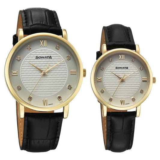 Sonata Perfect Pairs Quartz Analog Green Dial Black Leather Strap Watch For Couple image 1