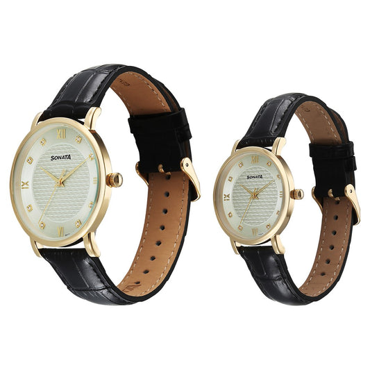Sonata Perfect Pairs Quartz Analog Green Dial Black Leather Strap Watch For Couple image 2