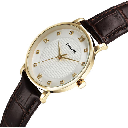 Sonata Wedding Quartz Analog Off White Dial Leather Strap Watch For Men image 2
