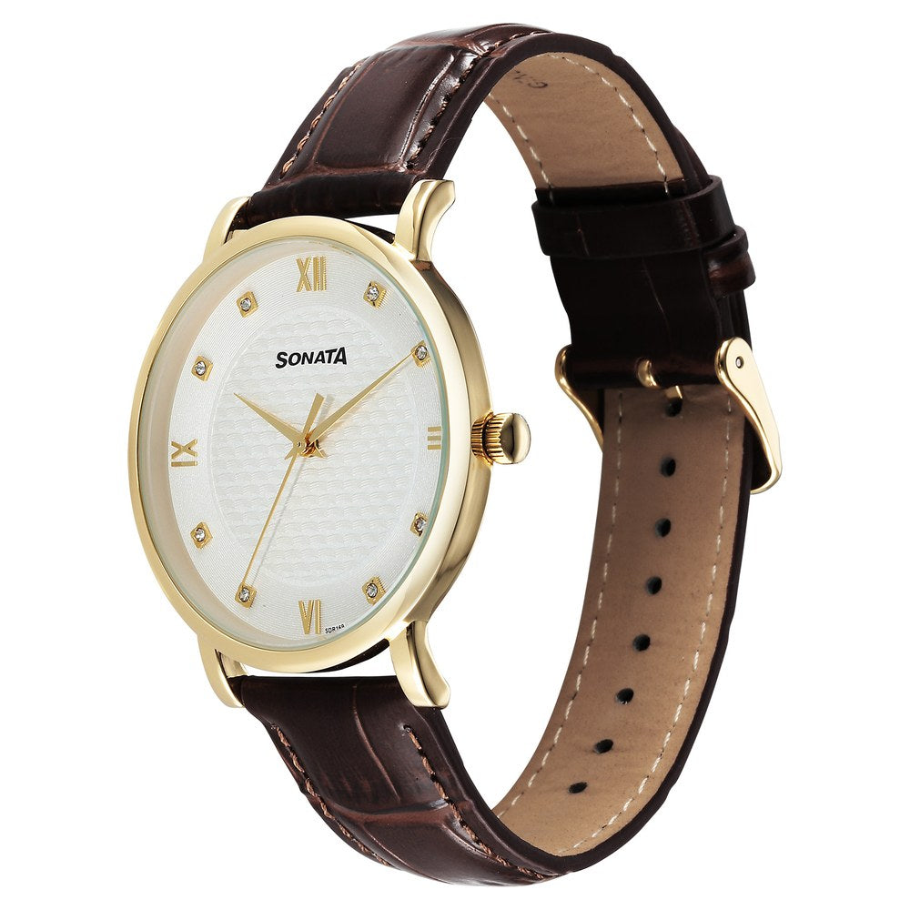 Sonata Wedding Quartz Analog Off White Dial Leather Strap Watch For Men image 3