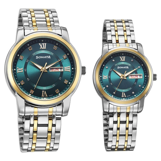 Sonata Perfect Pairs Quartz Analog Teal Dial Two Toned Metal Strap Watch For Couple image 1