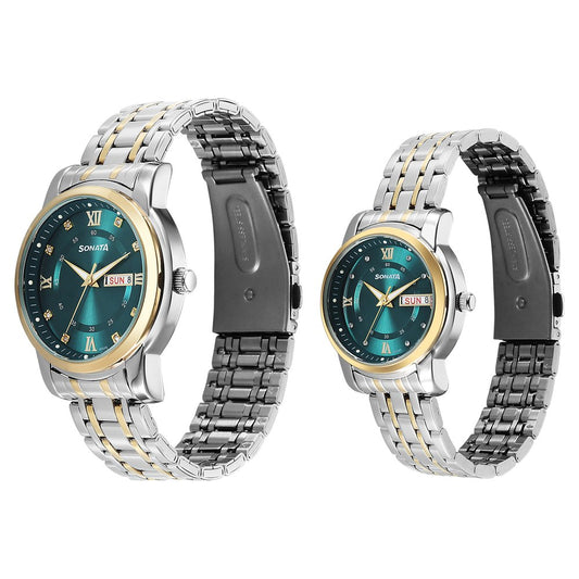 Sonata Perfect Pairs Quartz Analog Teal Dial Two Toned Metal Strap Watch For Couple image 2