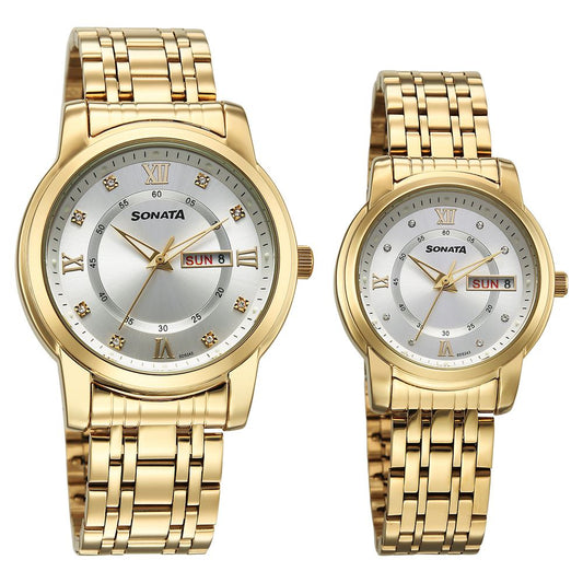 Sonata Perfect Pairs Quartz Analog Silver Dial Golden Metal Strap Watch For Couple Style NU7715787090YM01 image 1