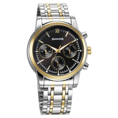 Sonata Wedding Multifunction Black Dial Stainless Steel Strap Watch For Men image 1