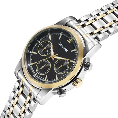 Sonata Wedding Multifunction Black Dial Stainless Steel Strap Watch For Men image 2